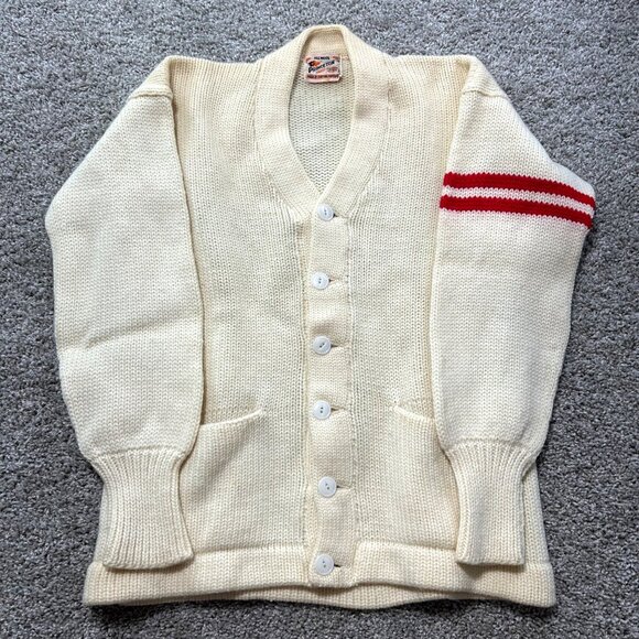 Knitting Masters Vintage 1950s Princeton Wool Cardigan Sweater W/ Red Stripes - Picture 2 of 7